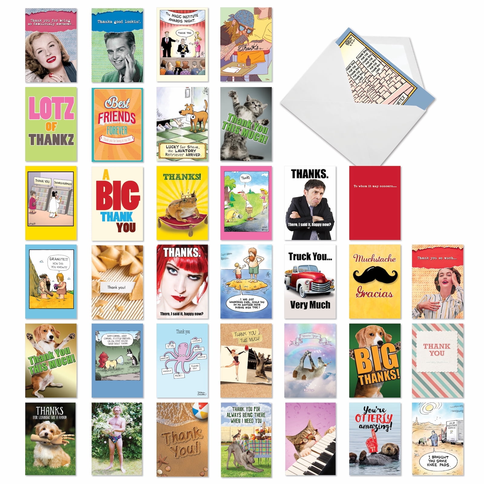 NobleWorks 36 Assorted Box Set Funny Thank You Greeting Cards w/5 x 7 Inch Envelopes (36 Designs, 1 Each) Thanks A Lot AC7738TYG-B1x36