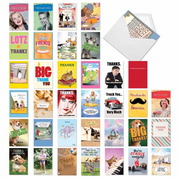 NobleWorks 36 Assorted Box Set Funny Thank You Greeting Cards w/5 x 7 Inch Envelopes (36 Designs, 1 Each) Thanks A Lot AC7738TYG-B1x36