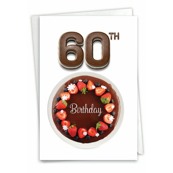 NobleWorks 60th Birthday Card with Envelope, Chocolate Strawberry Cake Design