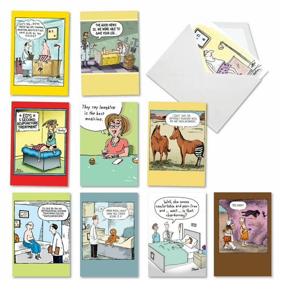 NobleWorks Assorted Get Well Greeting Cards, Funny Illustrations, Recycled Material, 10 Count