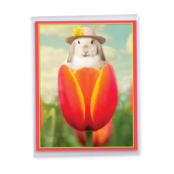 NobleWorks Big Funny Easter Greeting Card 8.5 x 11 Inch with Envelope (1 Pack) Oversize Jumbo Bunny Tulip J9223EAG