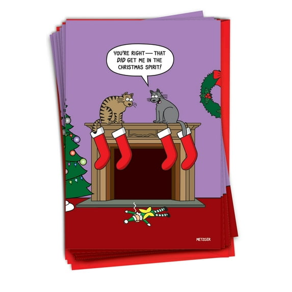 NobleWorks, Cat Holiday Spirit - 12 Funny Christmas Cards Boxed - Bulk Set, C10740XSG-B12x1