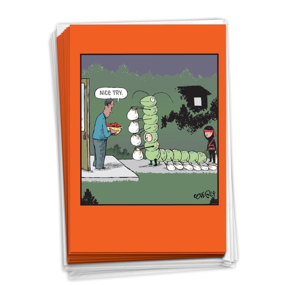 NobleWorks, Caterpillar Trick - 12 Funny Halloween Cards Boxed - Bulk Set, C3394HWG-B12x1