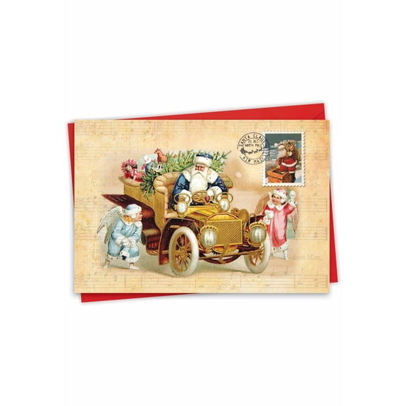 NobleWorks Christmas Greeting Card with 5 x 7 Inch Envelope (1 Card) Merry Christmas Holiday Santa Postcards - Car C10192GXSG