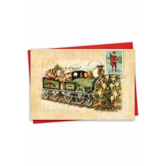 NobleWorks Christmas Greeting Card with 5 x 7 Inch Envelope (1 Card) Merry Christmas Holiday Santa Postcards - Train C10192AXSG