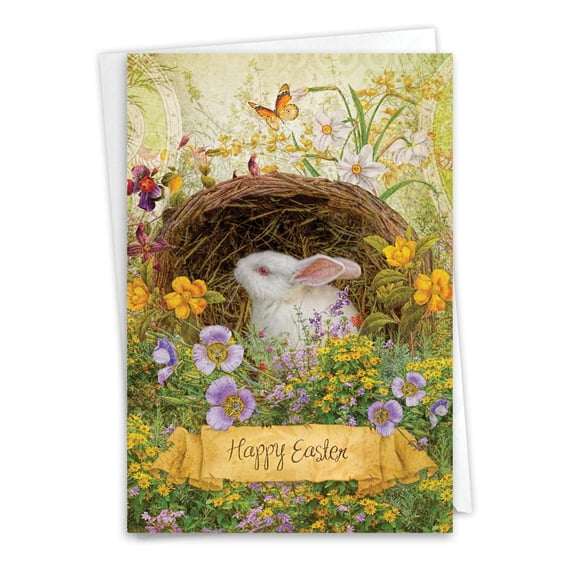 NobleWorks Easter Greeting Card with 5 x 7 Inch Envelope (1 Card) Bunny Flowers C10963EAG