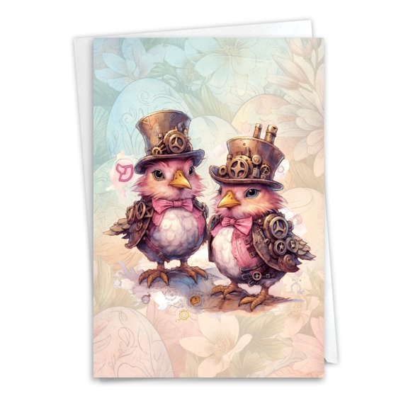 NobleWorks Easter Greeting Card with 5 x 7 Inch Envelope (1 Card) Steampunk Chicken Family - Two Chicks C10979GEAG