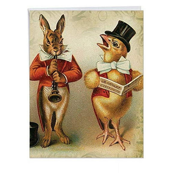 NobleWorks Funny Bunnies - Jumbo Retro Card for Easter (85 x 11 Inch) - Vintage Musical Chicken and Rabbit Easter Notecard J2345AEAG