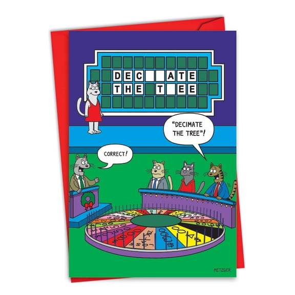 NobleWorks Funny Christmas Greeting Card with 5 x 7 Inch Envelope (1 Card) Merry Christmas Holiday Game Show Felines C6245AXSG