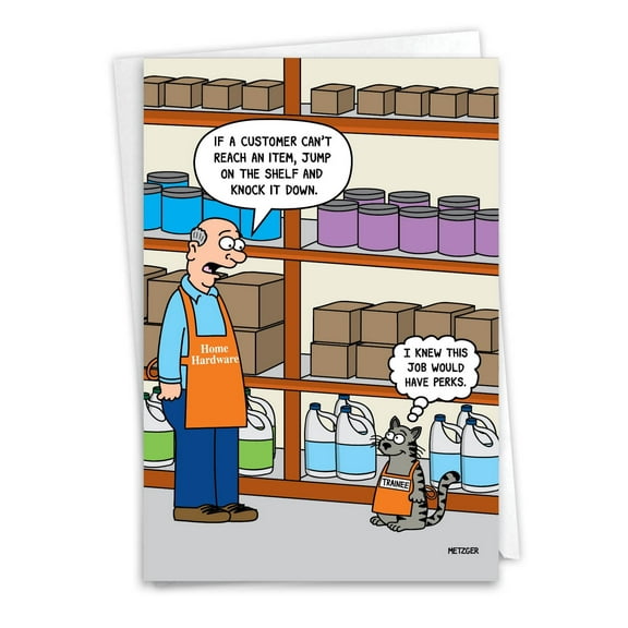 NobleWorks Funny New Job Greeting Card with 5 x 7 Inch Envelope (1 Card) New Job Congratulations Cat Job Perks C7898NJG