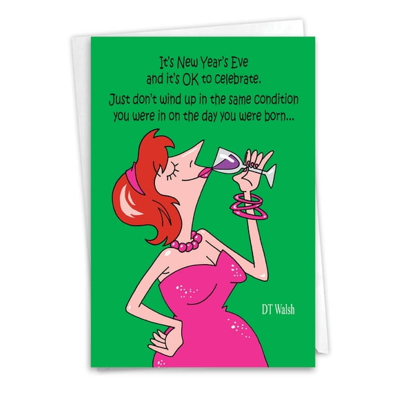 NobleWorks Funny New Year Paper Card with 5 x 7 Inch Envelope (1 Card) OK To Celebrate C9481NYG