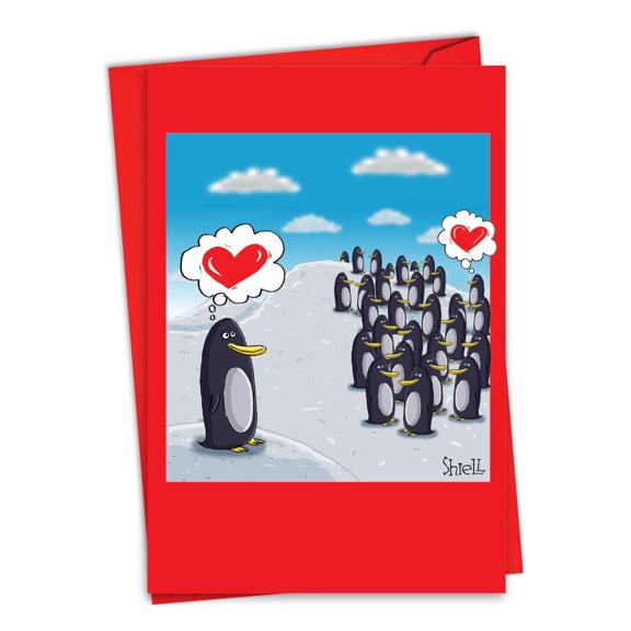 NobleWorks Funny Valentine's Day Paper Card with 5 x 7 Inch Envelope (1 Card) Penguin Heart C10927VDG