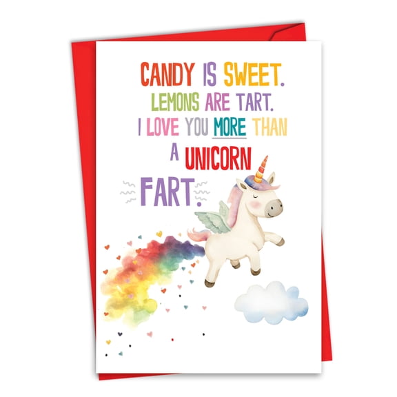 NobleWorks Funny Valentine's Day Paper Card with 5 x 7 Inch Envelope (1 Card) Unicorn Fart
