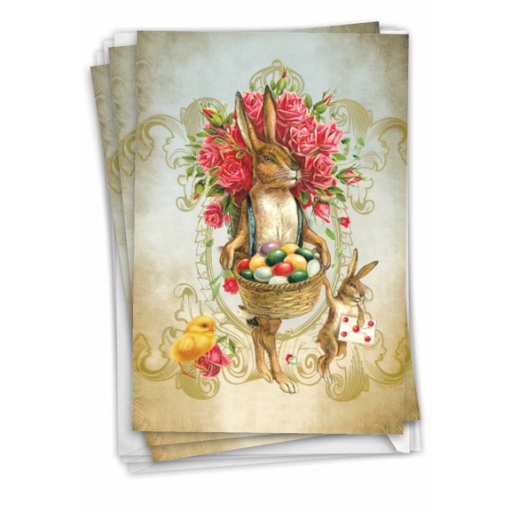 NobleWorks Pack of 3 Easter Greeting Cards with Envelopes (1 Design, 3 Each) Vintage Chicks and Bunnies - Rabbit C9164IEAG-C3x1