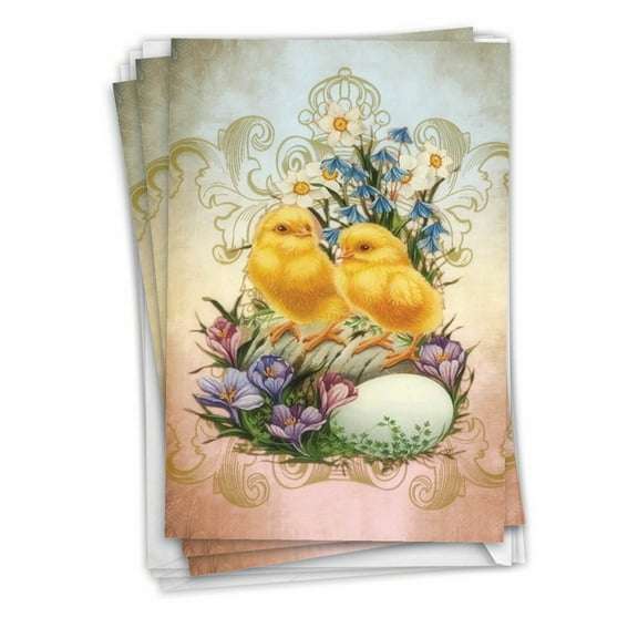 NobleWorks Pack of 3 Easter Greeting Cards with Envelopes (1 Design, 3 Each) Vintage Chicks and Bunnies - Two Chicks C9164GEAG-C3x1