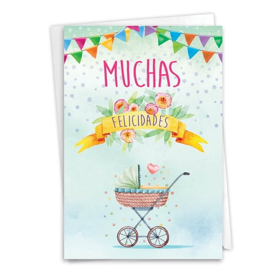 NobleWorks Spanish Baby Greeting Card with 5 x 7 Inch Envelope (1 Card) Shower, Announcement Muchas Felicidades C8830BBG-SL