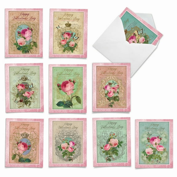 The Best Card Company 10 Assorted Valentine's Day Notes Bulk Set 4x5.12 w/ Envelopes, 10x1 Designs, for Men, Women, Valentine's Romance and Roses M2379VDG-B1x10