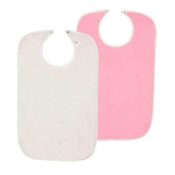 Nobles 3 Pack Adult Bib Washable Reusable Waterproof Clothing Protector with Vinyl Barrier 18" x 30" Adjustable Snap Closure (White With Light Pink Backing)