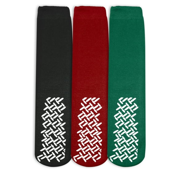 Nobles Assorted Anti Skid/ No Slip Hospital Gripper Socks, Great for adults, men, women. Designed for medical hospital patients but great for everyone (3 Pairs Black, Red, & Green)
