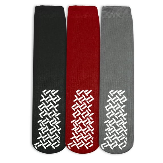 Nobles Assorted Anti Skid/ No Slip Hospital Gripper Socks, Great for adults, men, women. Designed for medical hospital patients but great for everyone (3 Pairs Black, Red, & Gray)