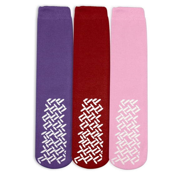 Nobles Assorted Anti Skid/ No Slip Hospital Gripper Socks, Great for adults, men, women. Designed for medical hospital patients but great for everyone (3 Pairs Purple, Red, Pink)