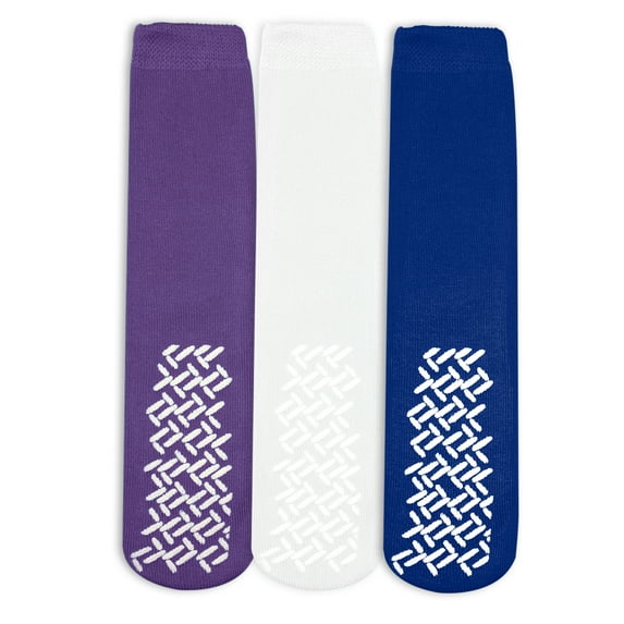 Nobles Assorted Anti Skid/ No Slip Hospital Gripper Socks, Great for adults, men, women. Designed for medical hospital patients but great for everyone (3 Pairs Purple, White, & Blue)