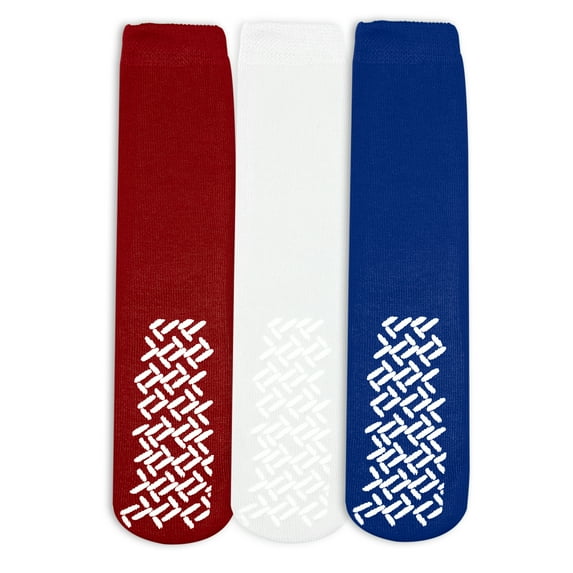 Nobles Assorted Anti Skid/ No Slip Hospital Gripper Socks, Great for adults, men, women. Designed for medical hospital patients but great for everyone (3 Pairs Red, White, & Blue)