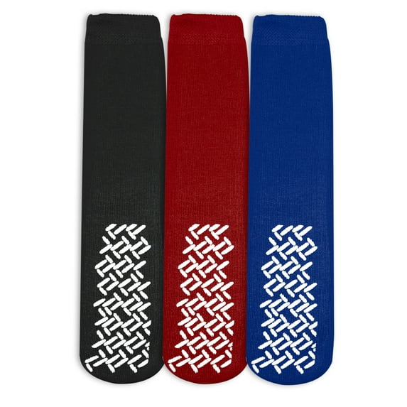 Nobles Assorted Anti Skid/ No Slip Hospital Gripper Socks, Great for adults, men, women. Designed for medical hospital patients but great for everyone (3 Pairs Black, Red, & Royal Blue)