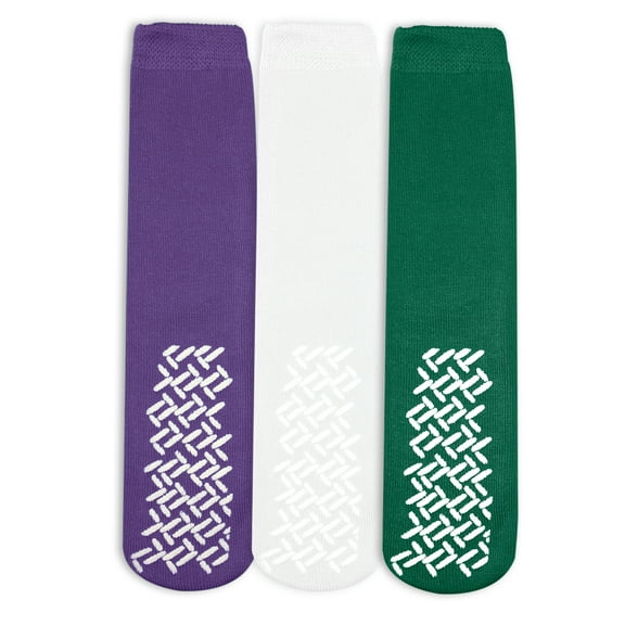 Nobles Assorted Anti Skid/ No Slip Hospital Gripper Socks, Great for adults, men, women. Designed for medical hospital patients but great for everyone (3 Pairs Purple, White, & Green)