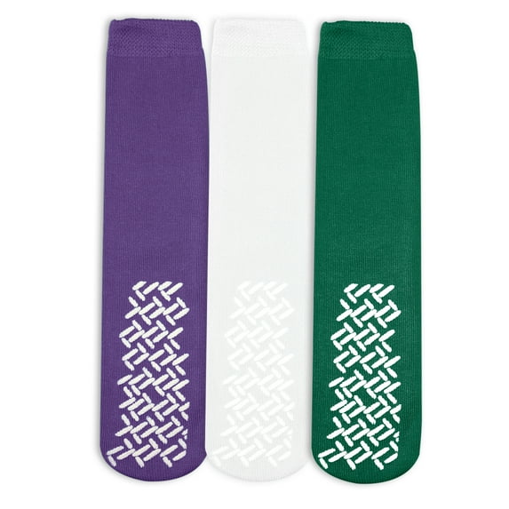 Nobles Assorted Anti Skid/ No Slip Hospital Gripper Socks, Great for adults, men, women. Designed for medical hospital patients but great for everyone (3 Pairs Purple, White, & Green)