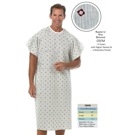 Nobles Health Care Raspberry With Gray Diamond Print IV Angle Back Hospital Gown Pack 4