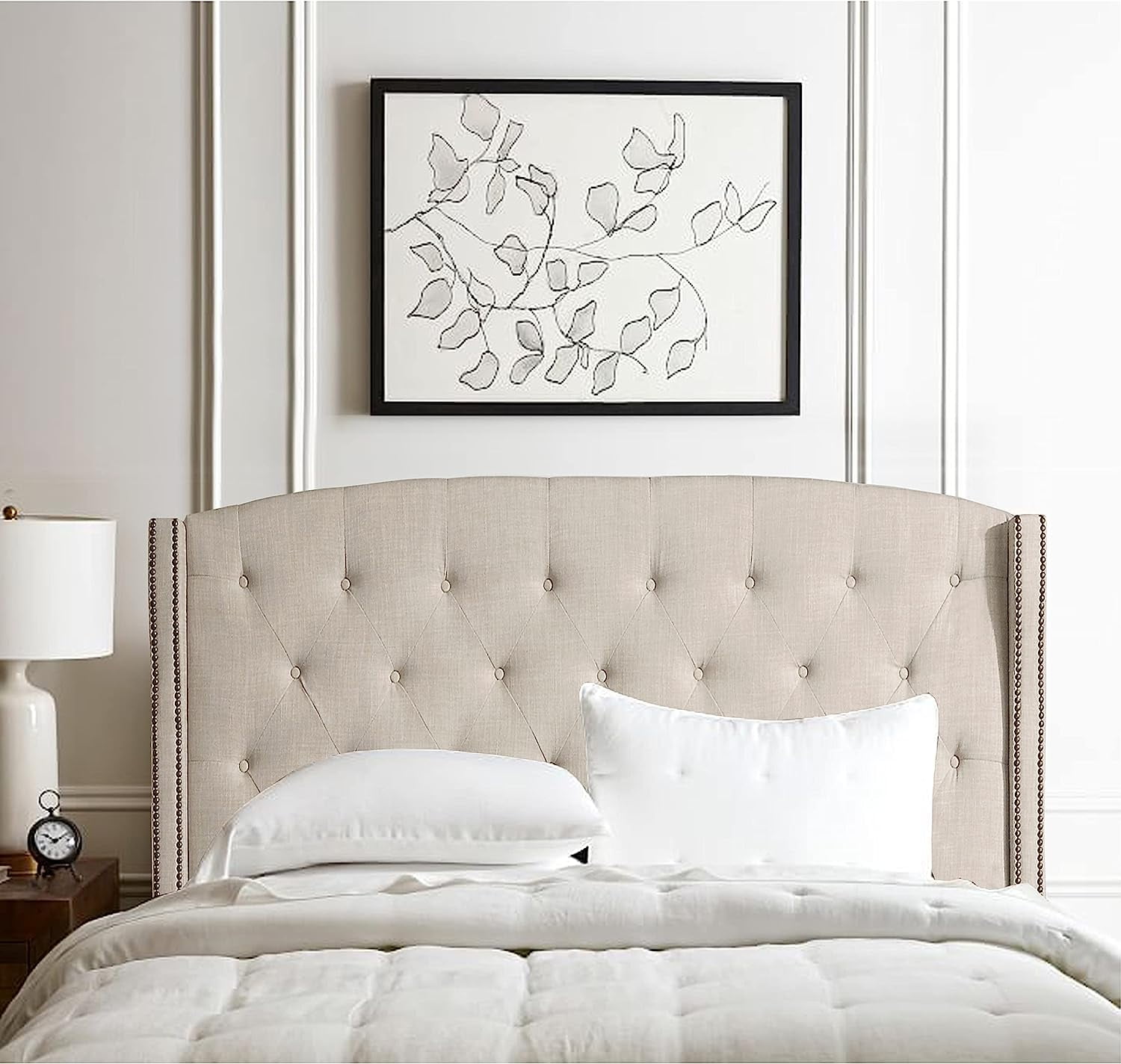 Noblesville Linen Upholstered Wingback Headboard with Silver Nailhead