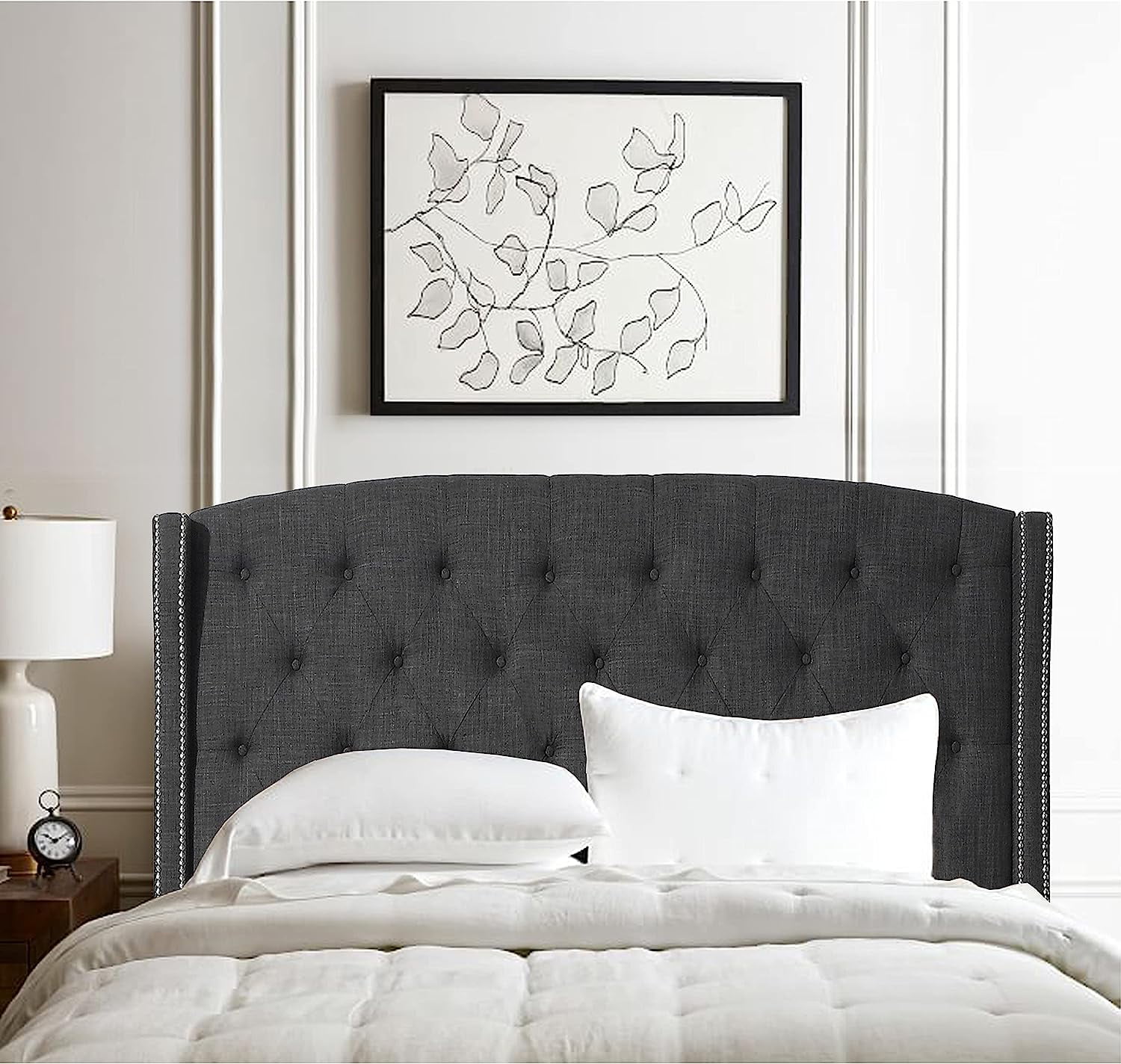 Noblesville Linen Upholstered Wingback Headboard with Silver Nailhead ...