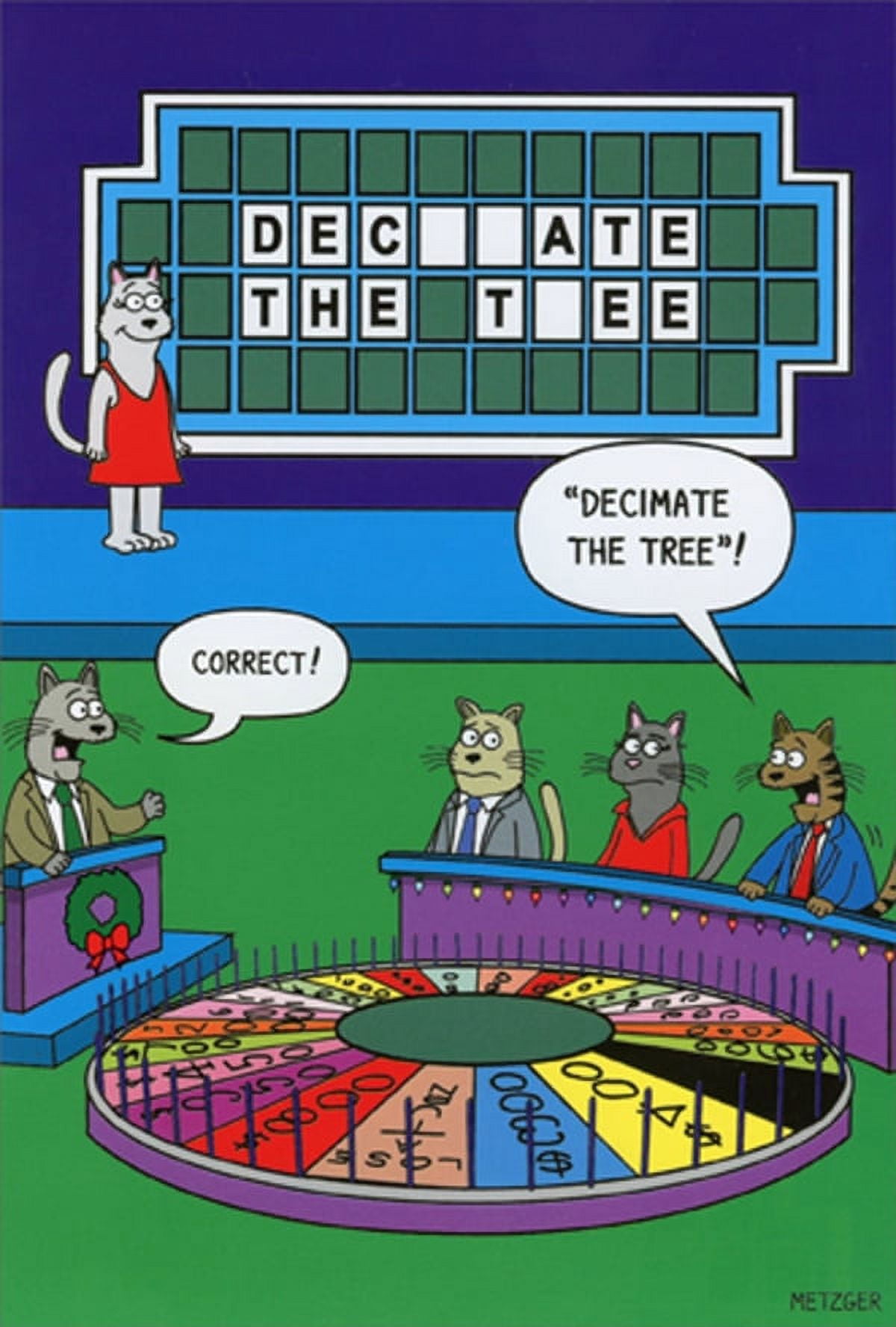 Nobleworks Decimate the Tree : Cat Wheel of Fortune Humorous : Funny Christmas Card (1 card/1 envelope)
