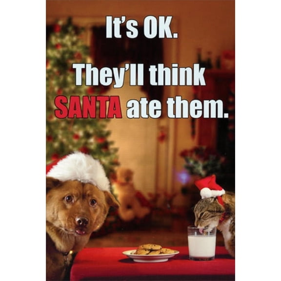 Nobleworks Dog and Cat Eating Santa's Cookies Humorous / Funny Christmas Card
