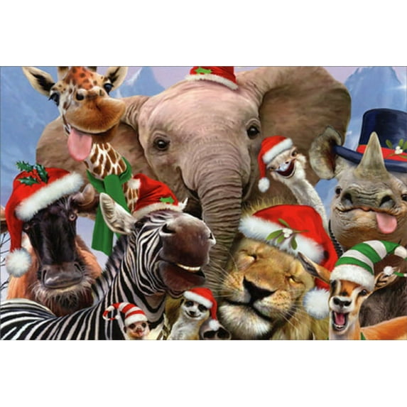 Nobleworks Elephant, Giraffe, Zebra, Lion, Rhino Funny Faces Howard Robinson Humorous / Funny Christmas Card (1 card/1 envelope)
