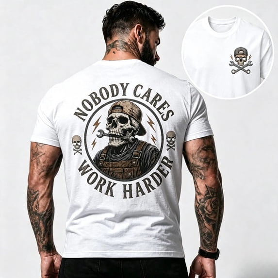 Nobody Cares Work Harder Skull Mechanic T-Shirt Vintage Graphic Men's Casual Tee