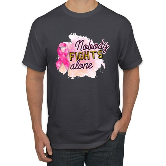 Nobody Fights Alone Watercolor Sparkles Breast Cancer Awareness Men's Graphic T-Shirt, Charcoal, X-Large