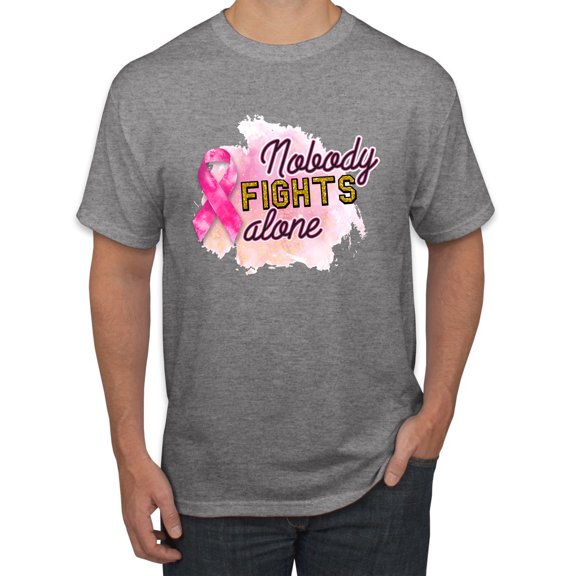 Nobody Fights Alone Watercolor Sparkles Breast Cancer Awareness Men's Graphic T-Shirt, Heather Grey, Medium
