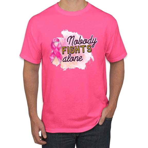 Nobody Fights Alone Watercolor Sparkles Breast Cancer Awareness Men's Graphic T-Shirt, Neon Pink, Small