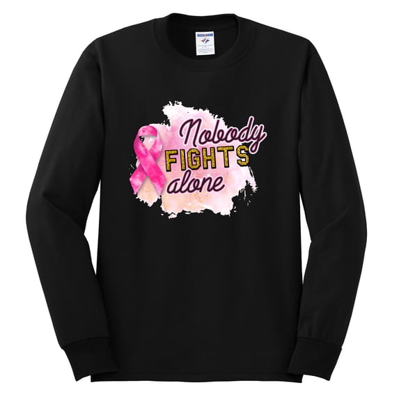 Nobody Fights Alone Watercolor Sparkles Breast Cancer Awareness Mens Long Sleeve Shirt, Black, XX-Large