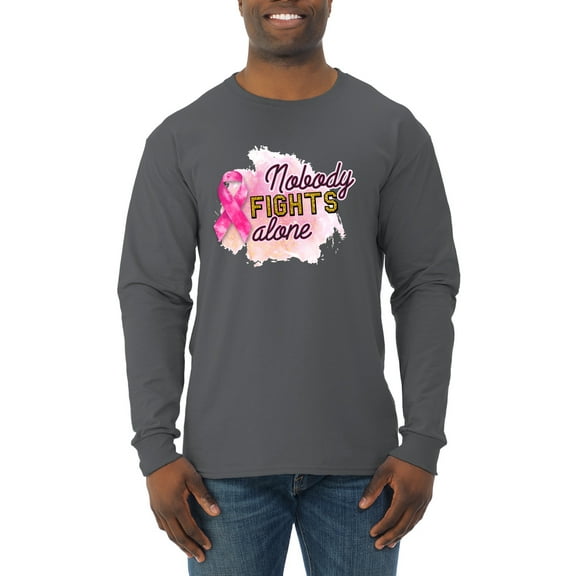 Nobody Fights Alone Watercolor Sparkles Breast Cancer Awareness Mens Long Sleeve Shirt, Charcoal, Large