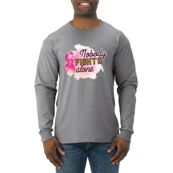 Nobody Fights Alone Watercolor Sparkles Breast Cancer Awareness Mens Long Sleeve Shirt, Heather Grey, XX-Large