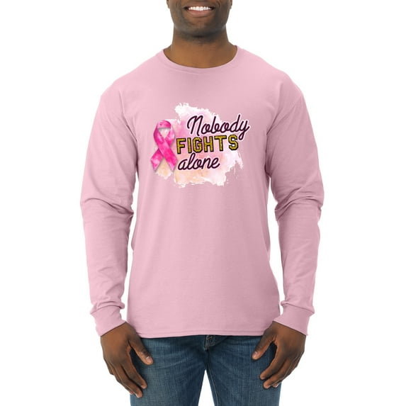 Nobody Fights Alone Watercolor Sparkles Breast Cancer Awareness Mens Long Sleeve Shirt, Light Pink, Large