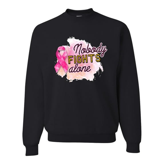 Nobody Fights Alone Watercolor Sparkles Breast Cancer Awareness Unisex Crewneck Graphic Sweatshirt, Black, Medium