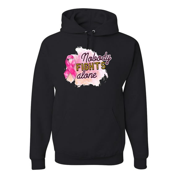 Nobody Fights Alone Watercolor Sparkles Breast Cancer Awareness Unisex Graphic Hoodie Sweatshirt, Black, XX-Large
