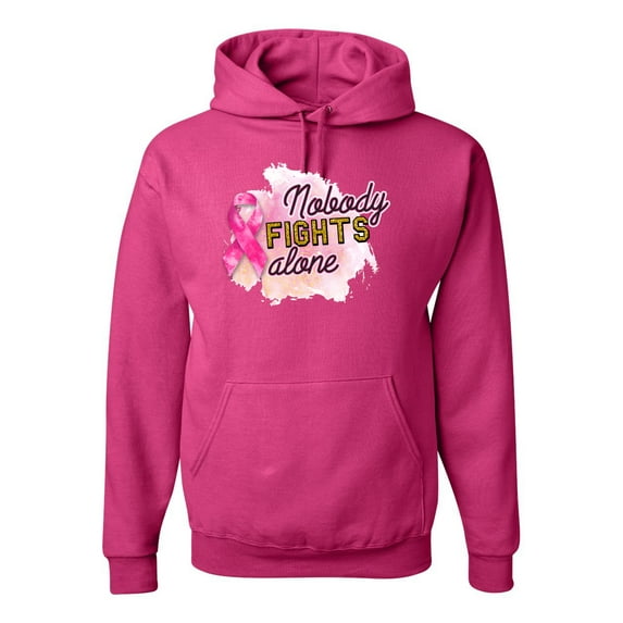 Nobody Fights Alone Watercolor Sparkles Breast Cancer Awareness Unisex Graphic Hoodie Sweatshirt, Fuschia, Large
