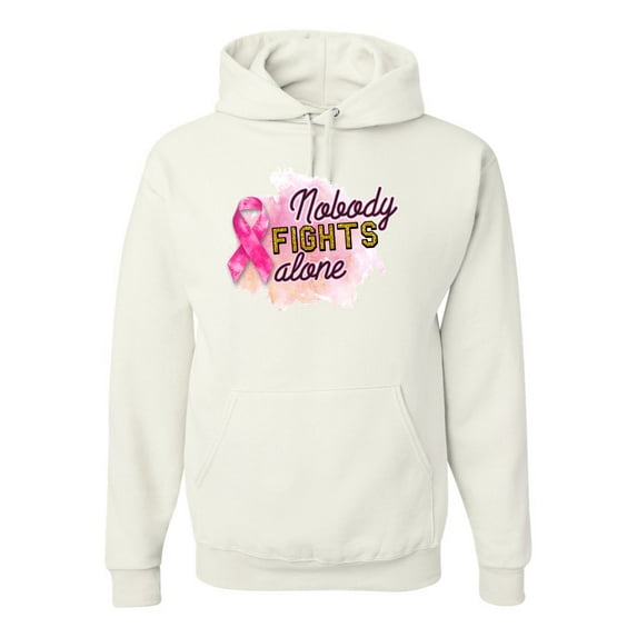 Nobody Fights Alone Watercolor Sparkles Breast Cancer Awareness Unisex Graphic Hoodie Sweatshirt, White, Small