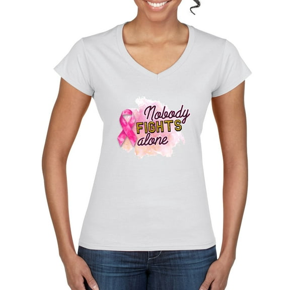 Nobody Fights Alone Watercolor Sparkles Breast Cancer Awareness Women's Standard V-Neck Tee, White, XX-Large