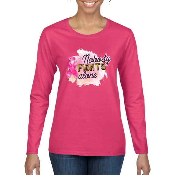 Nobody Fights Alone Watercolor Sparkles Breast Cancer Awareness Womens Graphic Long Sleeve T-Shirt, Fuschia, Small